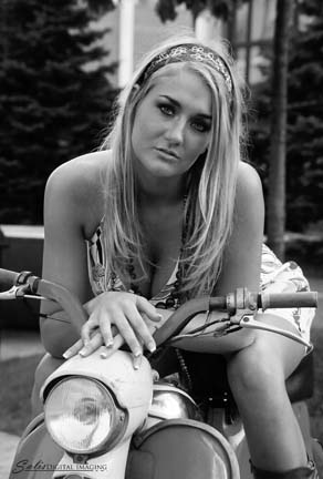 Laura - Hippie chic on '59 moped