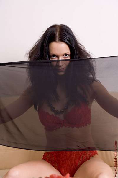 Gwen Polanska - Red Lace and Black Scarf